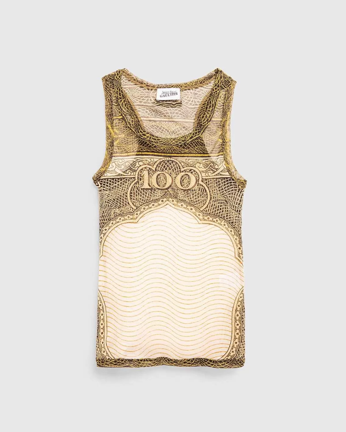 T-Shirts>Jean Paul Gaultier Mesh Tank Top Printet Cartouche Gron/Ecru/Sort/Orange