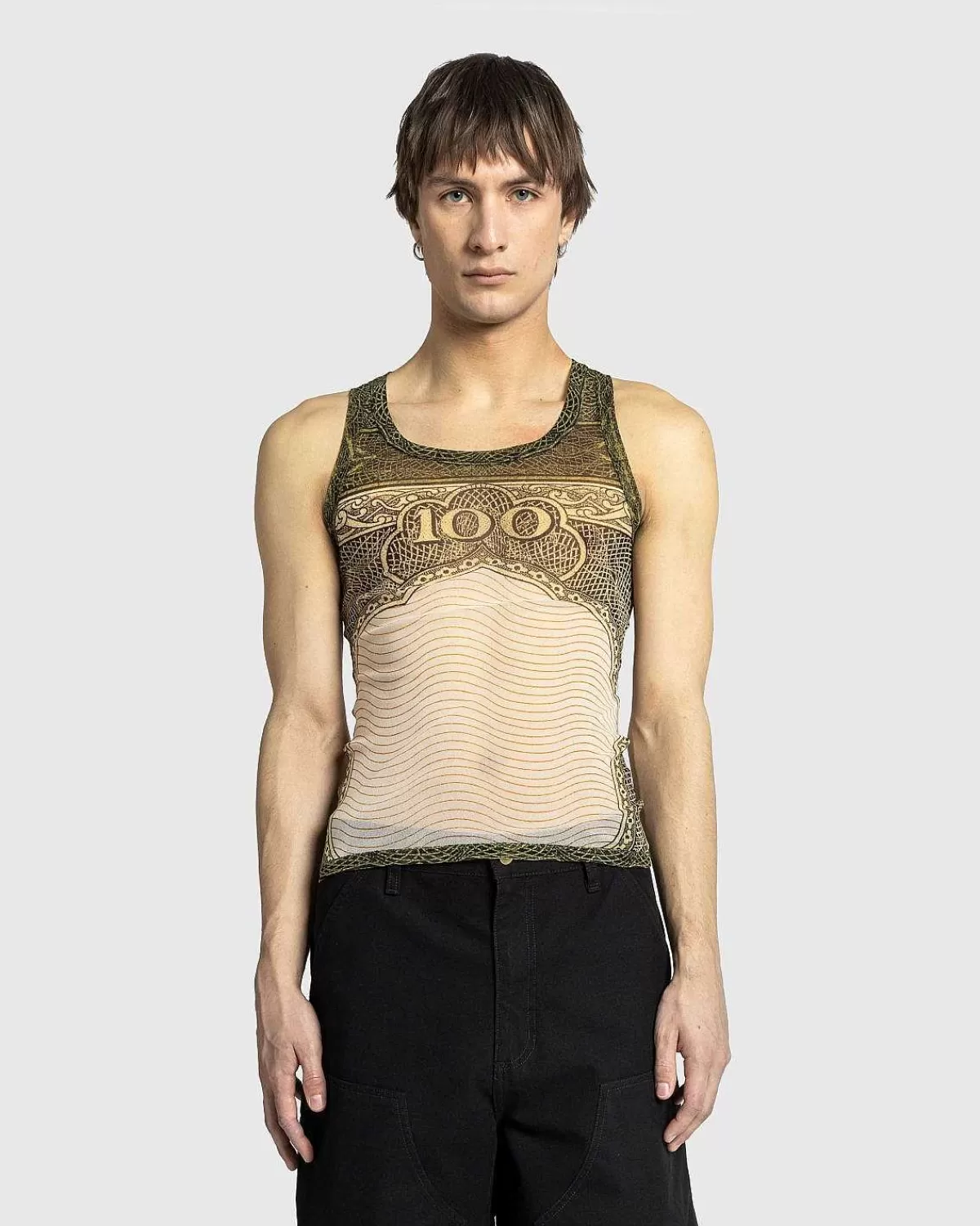 T-Shirts>Jean Paul Gaultier Mesh Tank Top Printet Cartouche Gron/Ecru/Sort/Orange