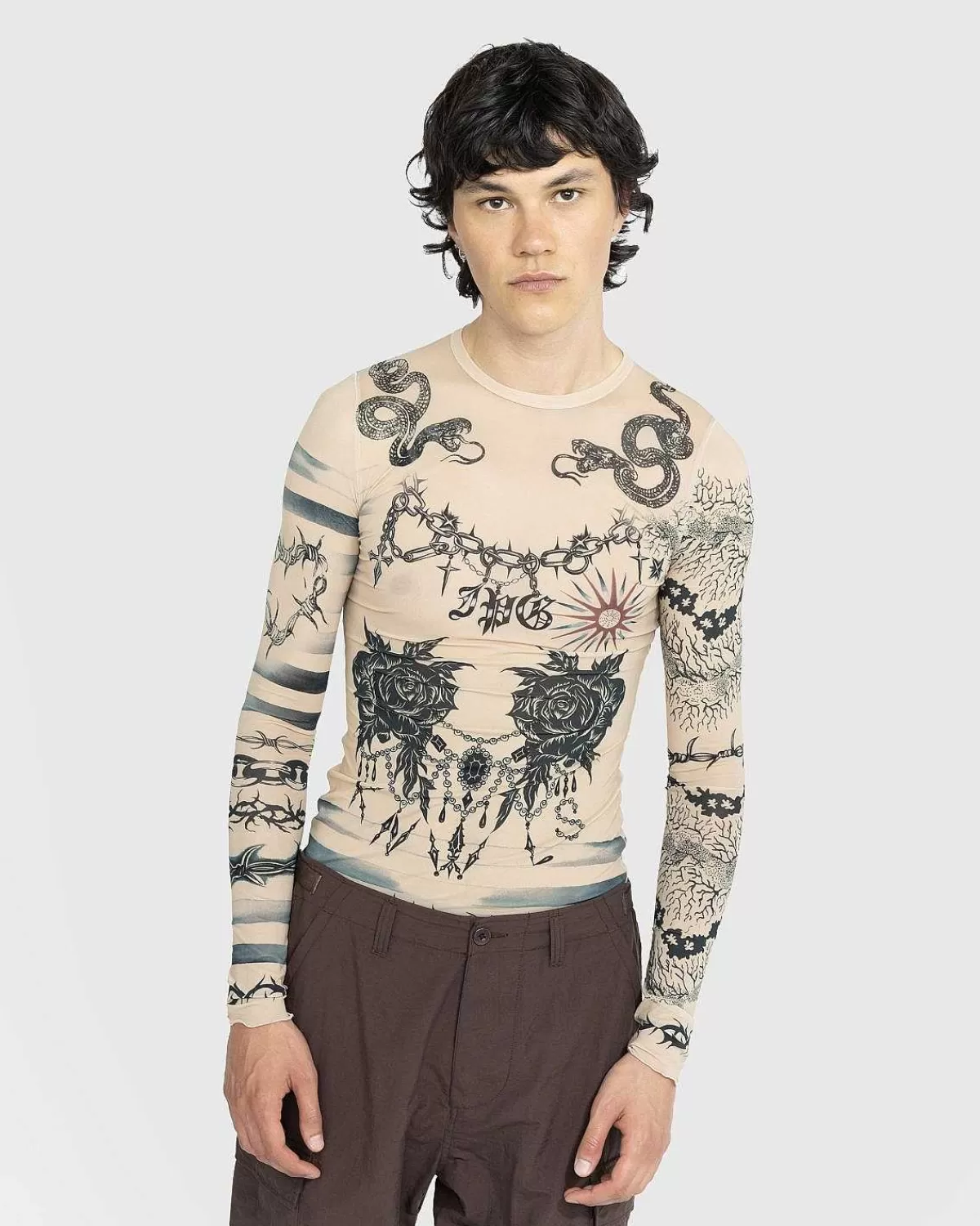 T-Shirts>Jean Paul Gaultier Trompe L'Oeil Tattoo Langaermet Top Nude/Gra/Sort